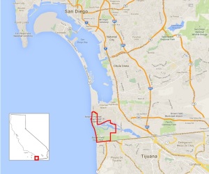 Map of San Diego, CA (upper left) and Tijuana, Mexico (lower right), with the Tijuana River National Estuarine Research Reserve outlined in red (center). The inset map shows the region's location in California. 