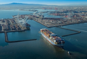 Container ships (such as the one entering the Port of LA/Long Beach, above) rely on accurate nearshore wave data to indicate whether they will have enough draft clearance to safely enter port. Even a slight increase in waves can cause ships to pitch and roll, increasing their under-keel clearance requirements (photo courtesy of Jacobson Pilot Service). 